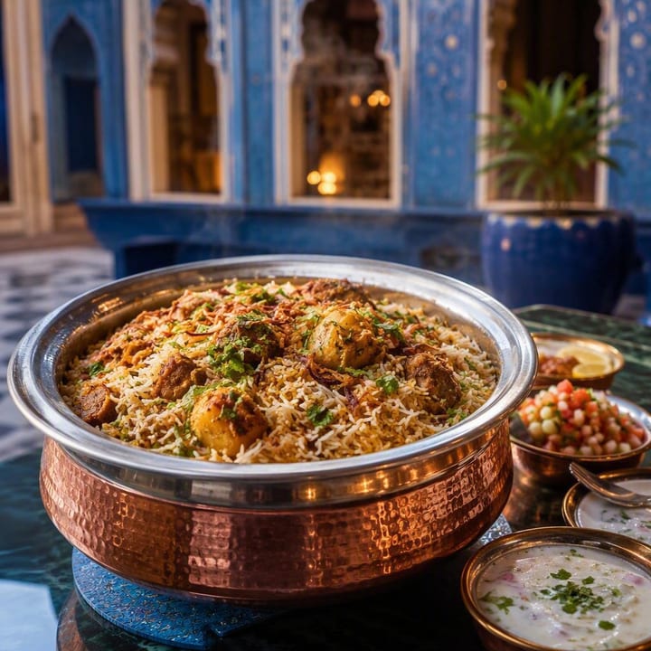 Steaming biryani pot with shared plates on a table at Nouba Restaurant and Rooftop Lounge, C-Scheme Jaipur