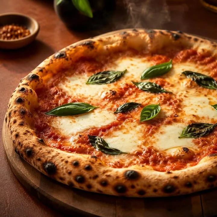 Fresh margherita pizza from wood-fired oven at Nouba Restaurant and Rooftop Lounge, C-Scheme Jaipur
