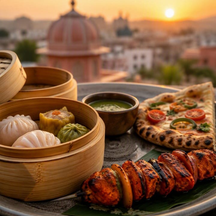 Steamer baskets of dim sum beside pizza slice and tandoor skewer at Nouba Restaurant and Rooftop Lounge, C-Scheme Jaipur
