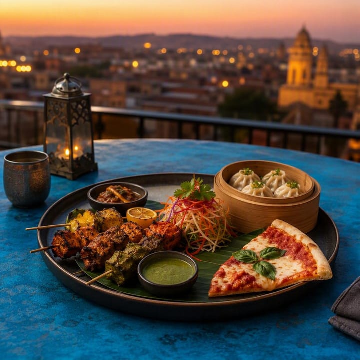 Family style sharing platters on rooftop table with Jaipur skyline view at Nouba Restaurant and Rooftop Lounge, C-Scheme Jaipur