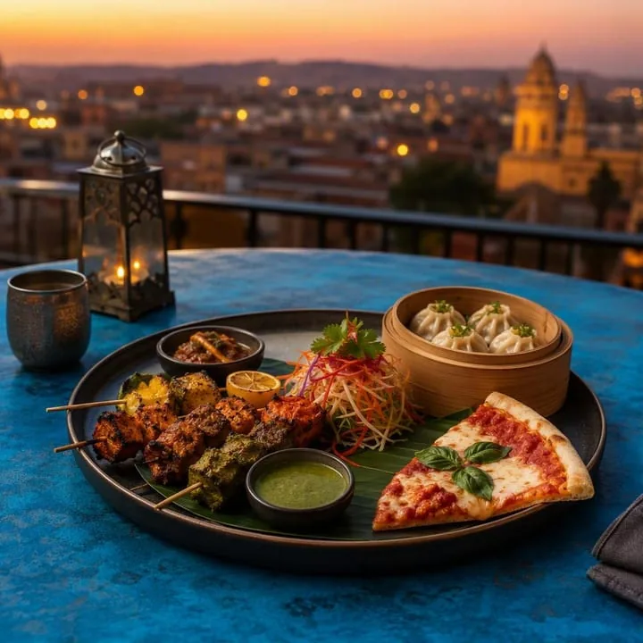 Family style sharing platters on rooftop table with Jaipur skyline view at Nouba Restaurant and Rooftop Lounge, C-Scheme Jaipur