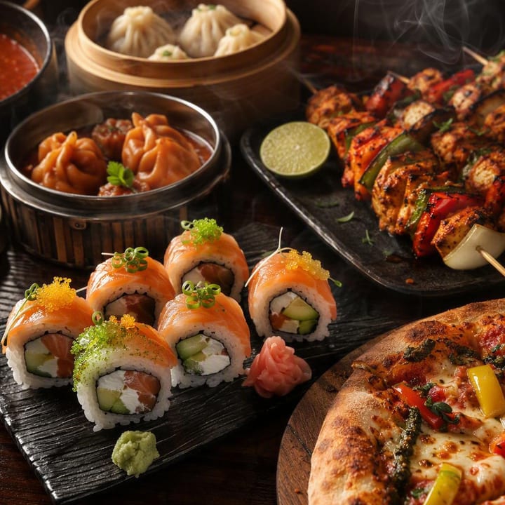 Sushi rolls on plate with dim sum and tandoor skewers nearby at Nouba Restaurant and Rooftop Lounge, C-Scheme Jaipur