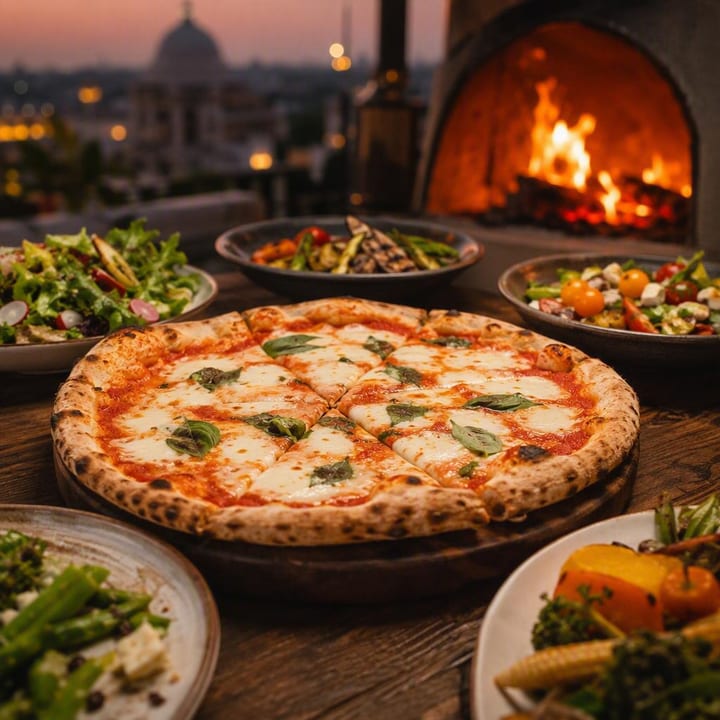 Margherita pizza with vegetarian sides on wooden board at Nouba Restaurant and Rooftop Lounge, C-Scheme Jaipur