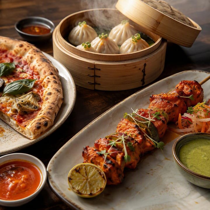 Table with dim sum, pizza slice, tandoori grill plate at Nouba Restaurant and Rooftop Lounge, C-Scheme Jaipur