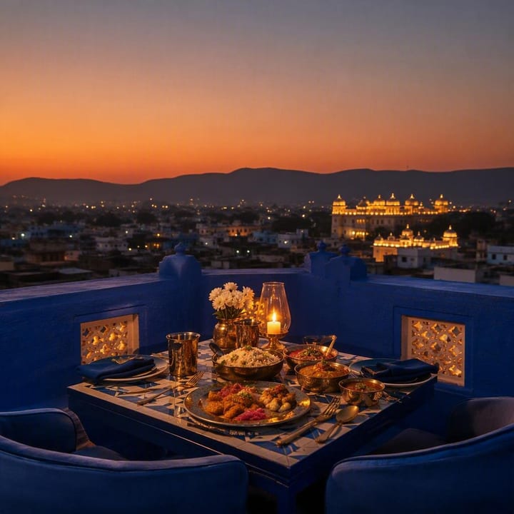 Rooftop table for two with Jaipur skyline view at sunset at Nouba Restaurant and Rooftop Lounge, C-Scheme Jaipur