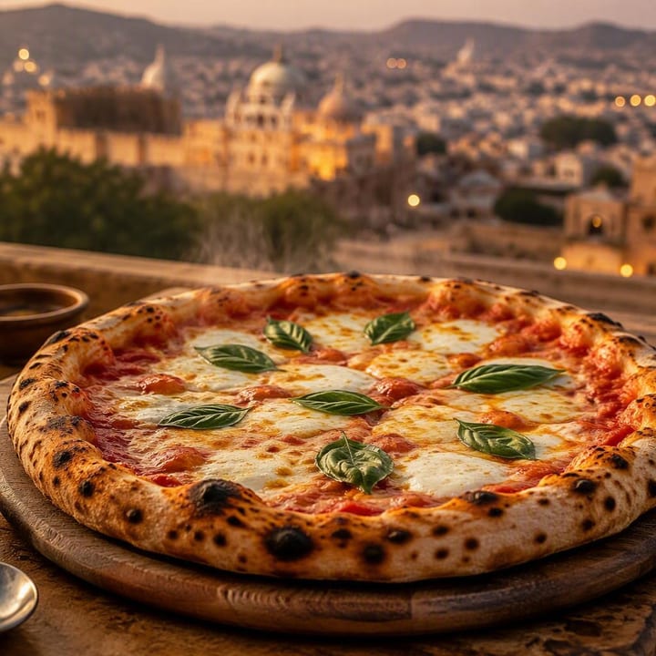 Neapolitan margherita pizza on wood board with skyline view at Nouba Restaurant and Rooftop Lounge, C-Scheme Jaipur