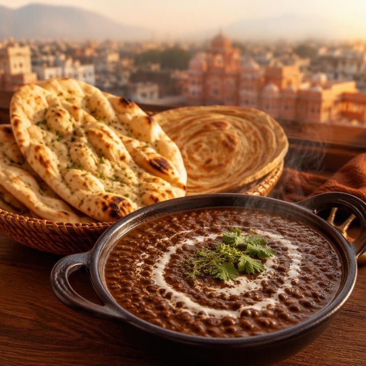 Steaming dal makhani served with naan and laccha paratha on a table at Nouba Restaurant and Rooftop Lounge, C-Scheme Jaipur