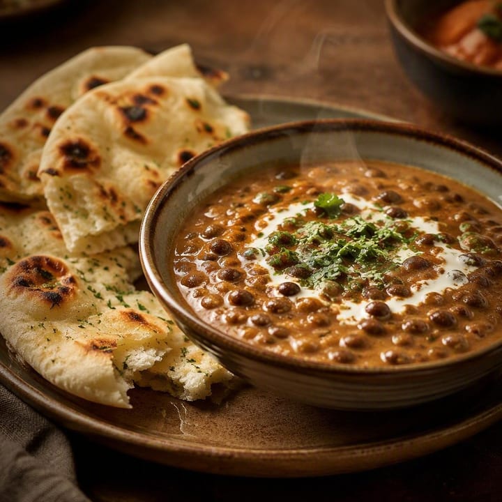 Bowl of dal makhani with naan bread on side at Nouba Restaurant and Rooftop Lounge, C-Scheme Jaipur