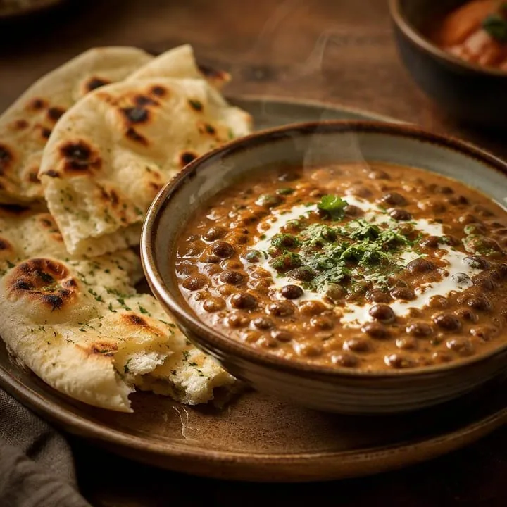 Bowl of dal makhani with naan bread on side at Nouba Restaurant and Rooftop Lounge, C-Scheme Jaipur