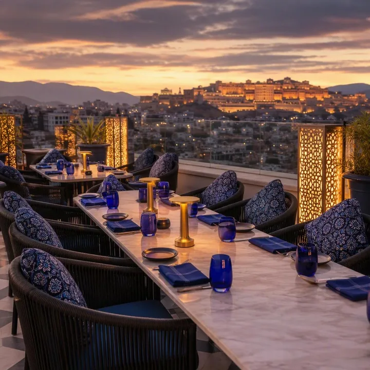 Rooftop tables set for a group dinner with Jaipur skyline view at Nouba Restaurant and Rooftop Lounge, C-Scheme Jaipur