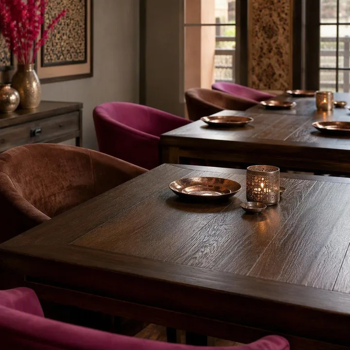 Brown and magenta indoor dining tables on 3rd floor at Nouba Restaurant and Rooftop Lounge, C-Scheme Jaipur