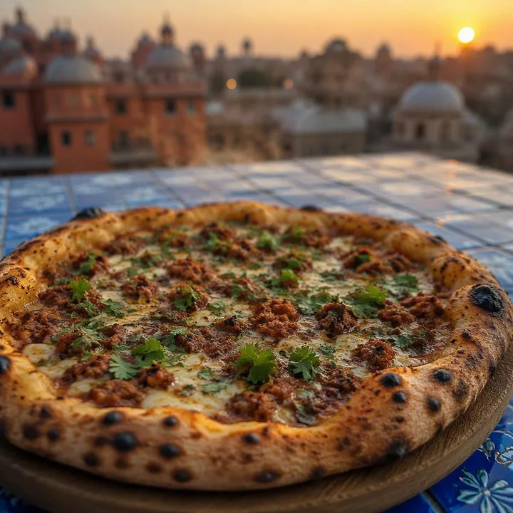 Minced meat pizza from wood-fired oven with toppings at Nouba Restaurant and Rooftop Lounge, C-Scheme Jaipur