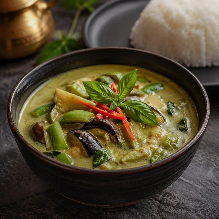 Steaming bowl of Thai green curry with vegetables and rice at Nouba Restaurant and Rooftop Lounge, C-Scheme Jaipur