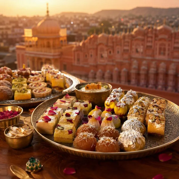 Signature desserts plated for sharing on a table with skyline view at Nouba Restaurant and Rooftop Lounge, C-Scheme Jaipur