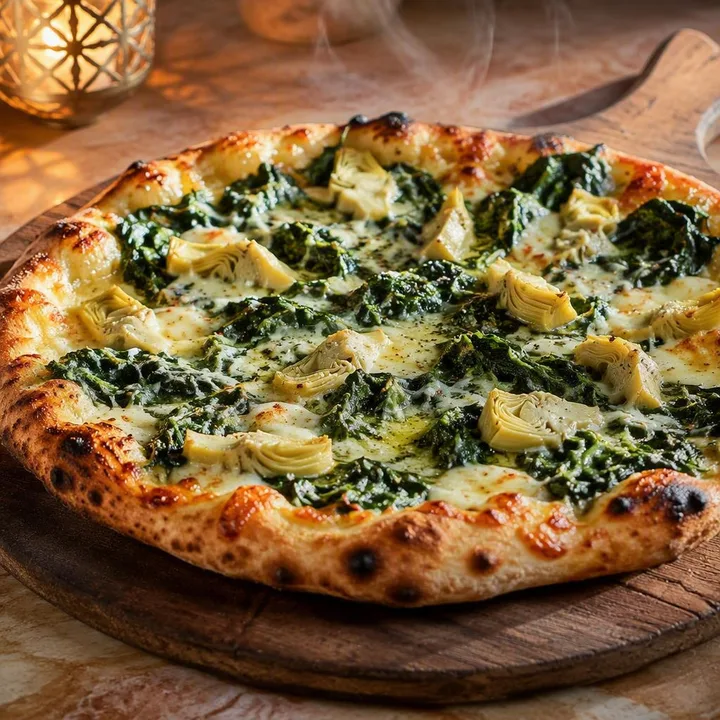 Spinach artichoke pizza on wood-fired oven tray with cheese pull at Nouba Restaurant and Rooftop Lounge, C-Scheme Jaipur