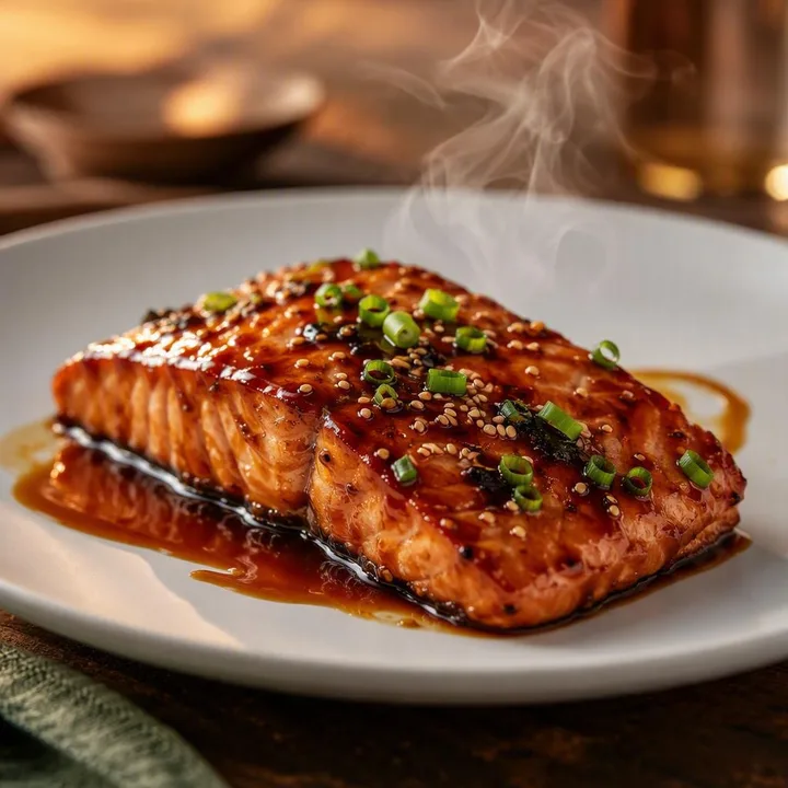 Teriyaki grilled salmon fillet on white plate with sauce and garnish at Nouba Restaurant and Rooftop Lounge, C-Scheme Jaipur