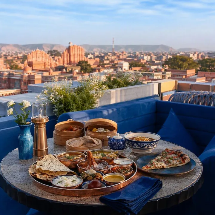 Rooftop table setup with plates from three kitchens at Nouba Restaurant and Rooftop Lounge, C-Scheme Jaipur