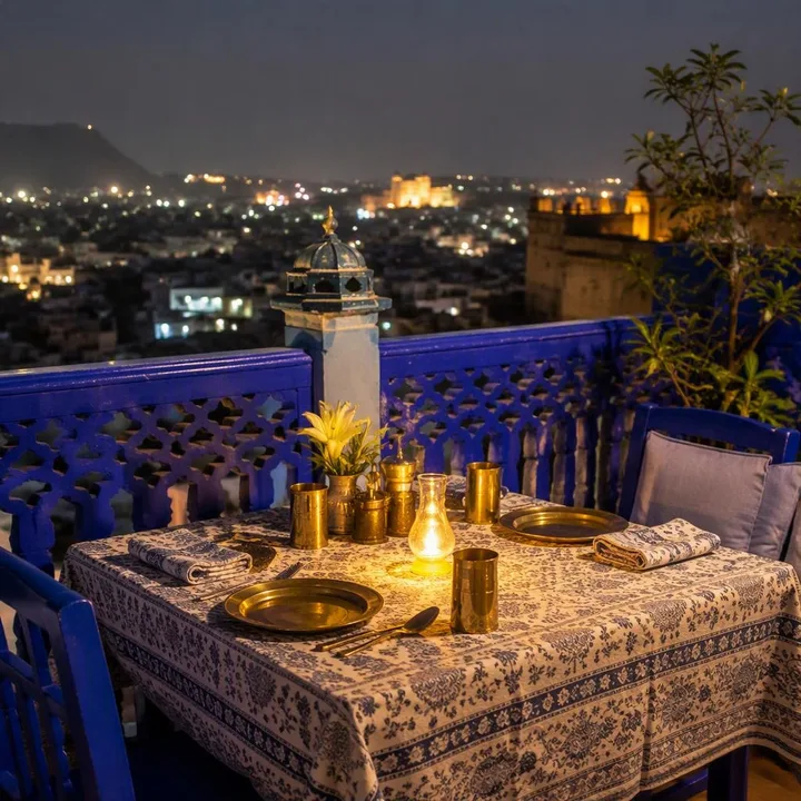Rooftop tables with Jaipur skyline view at night at Nouba Restaurant and Rooftop Lounge, C-Scheme Jaipur