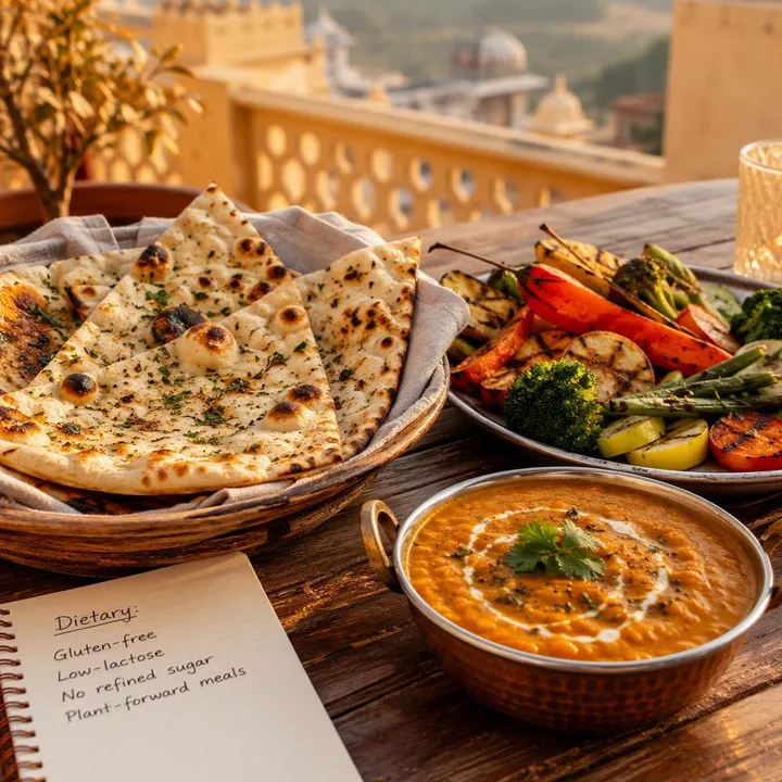 Table set with north Indian tandoor dishes and dietary notes at Nouba Restaurant and Rooftop Lounge, C-Scheme Jaipur