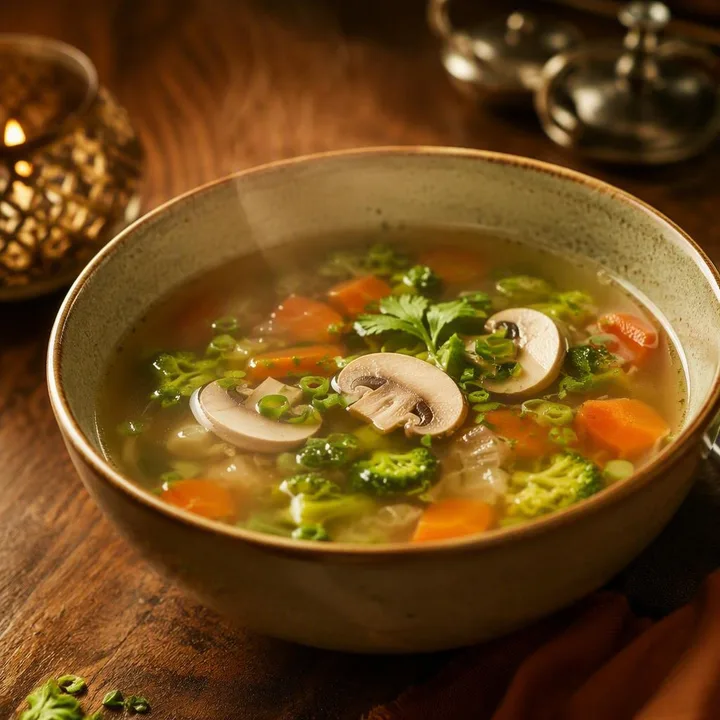 Steaming bowl of clear soup with vegetables and herbs at Nouba Restaurant and Rooftop Lounge, C-Scheme Jaipur