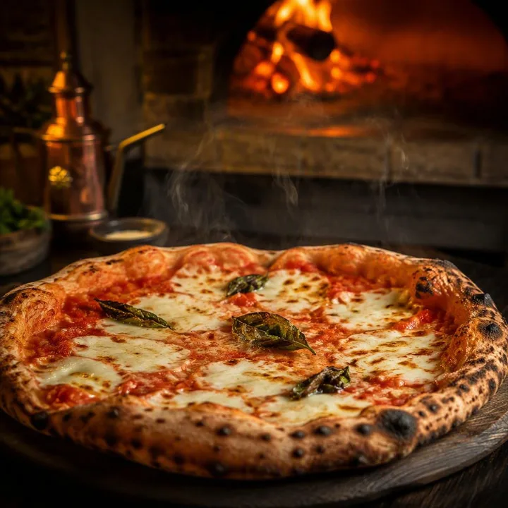 Wood-fired Neapolitan pizza on a wooden board with blistered crust at Nouba Restaurant and Rooftop Lounge, C-Scheme Jaipur