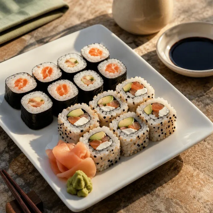 close-up of maki and uramaki sushi rolls on a plate at Nouba Restaurant and Rooftop Lounge, C-Scheme Jaipur