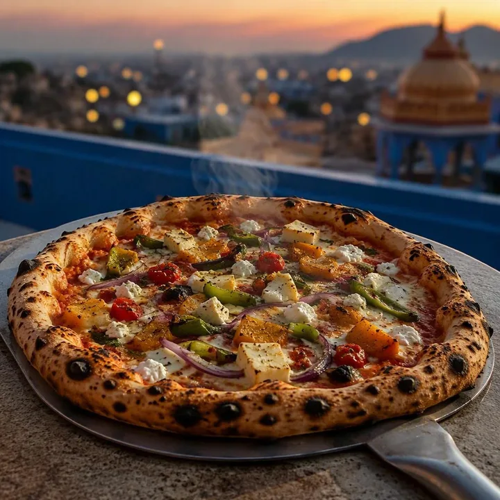 Custom topped wood-fired pizza on blue rooftop table with Jaipur skyline view at Nouftba Restaurant and Rooftop Lounge, C-Scheme Jaipur