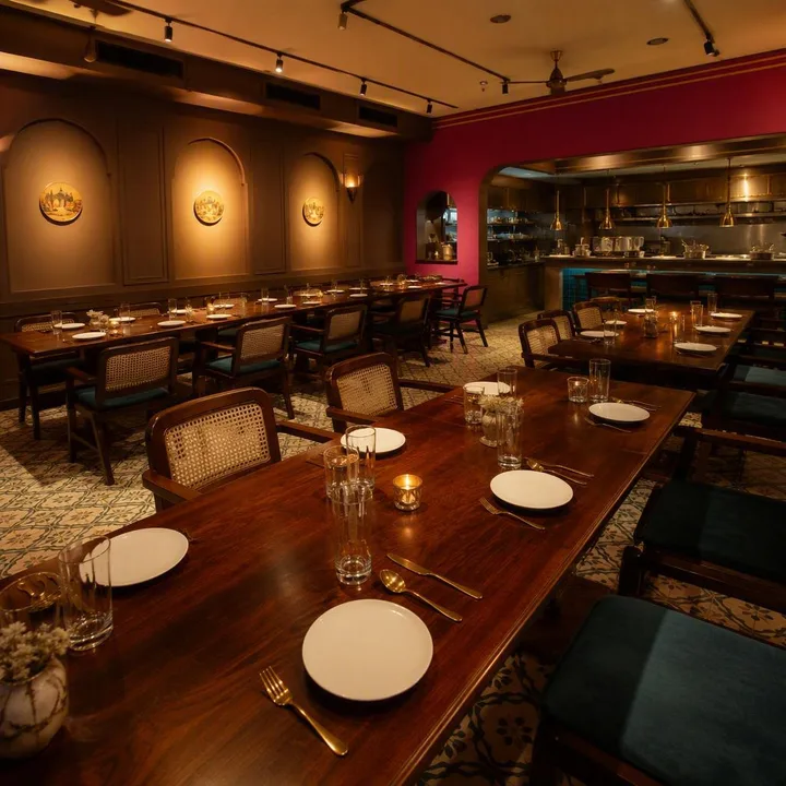 Brown and magenta decor indoor dining room with tables set for groups at Nouba Restaurant and Rooftop Lounge, C-Scheme Jaipur