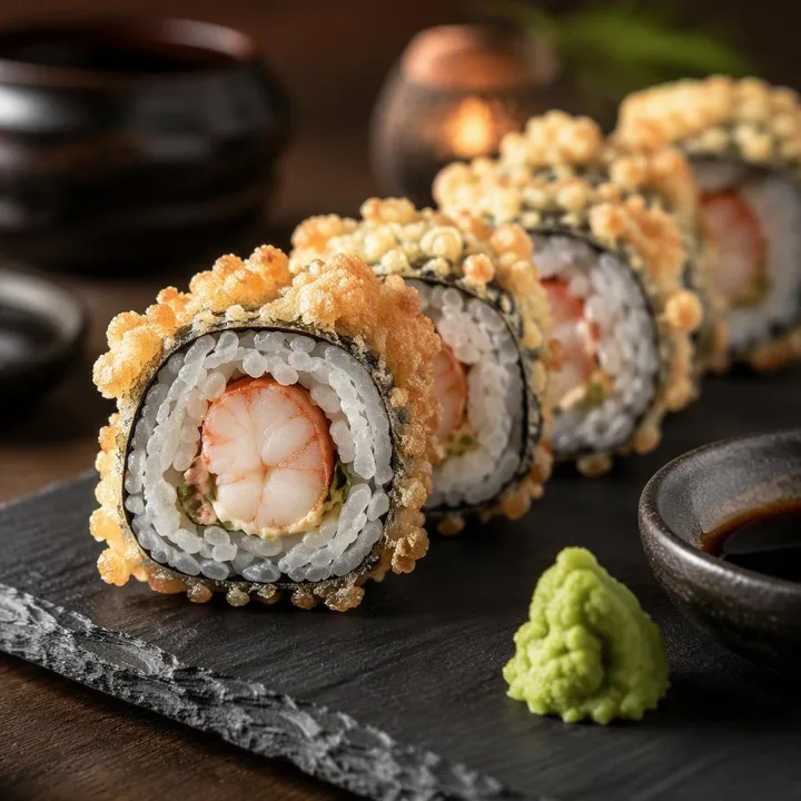 Close-up of prawn tempura roll sliced with crispy exterior and pink prawns at Nouba Restaurant and Rooftop Lounge, C-Scheme Jaipur