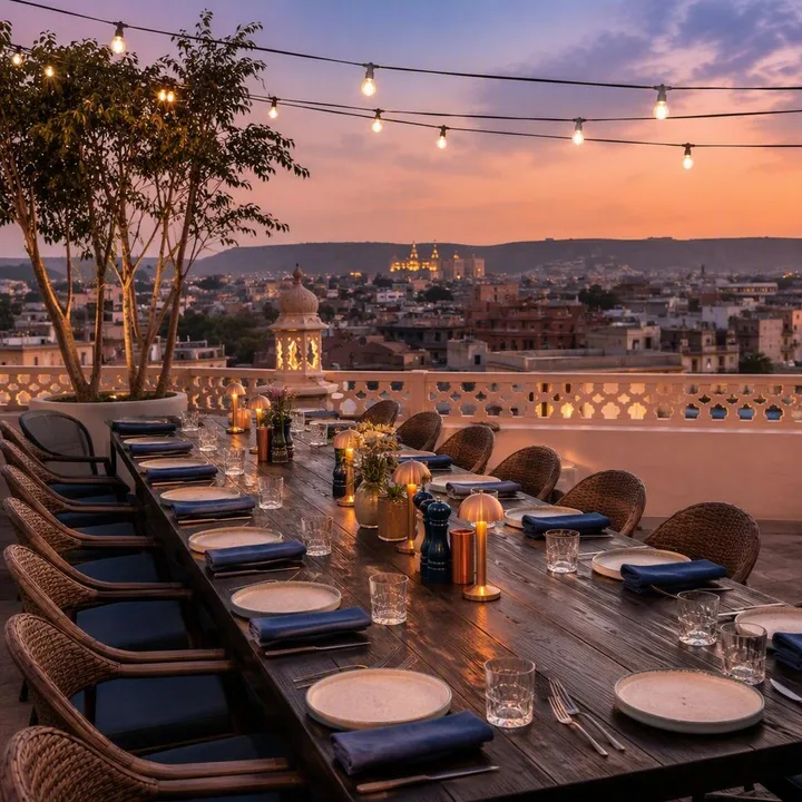 Rooftop table setup for large group with Jaipur skyline view at Nouba Restaurant and Rooftop Lounge, C-Scheme Jaipur