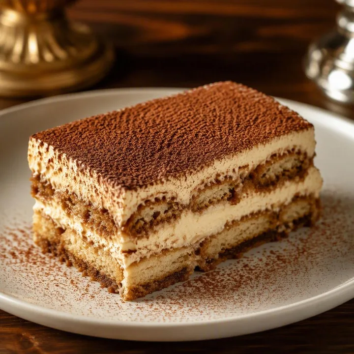 classic tiramisu slice on plate with coffee dusting at Nouba Restaurant and Rooftop Lounge, C-Scheme Jaipur