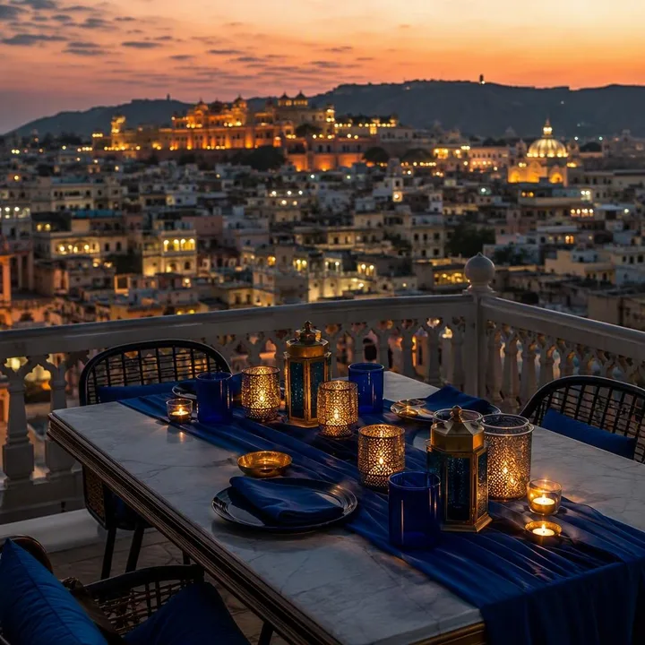 Rooftop table set for family dinner with Diwali lamps and skyline view at Nouba Restaurant and Rooftop Lounge, C-Scheme Jaipur