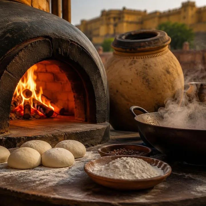 Wood fired pizza oven with flames and dough beside tandoor and wok stations at Nouba Restaurant and Rooftop Lounge, C-Scheme Jaipur