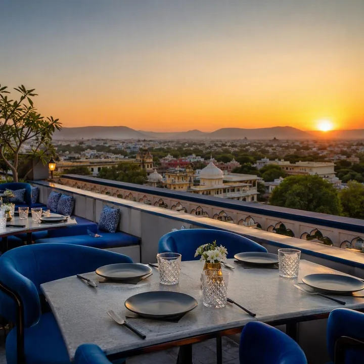 Electric blue rooftop tables with 180-degree Jaipur skyline at dusk at Nouba Restaurant and Rooftop Lounge, C-Scheme Jaipur