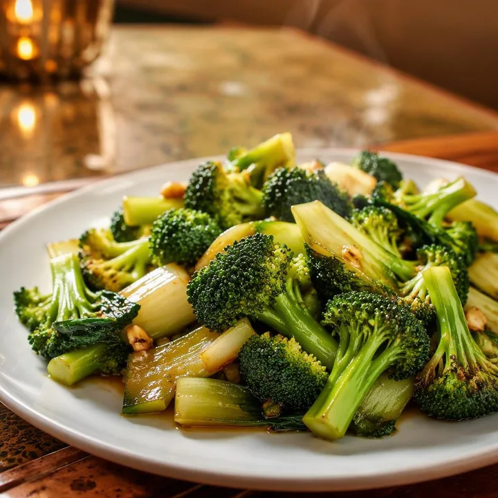 Stir-fried broccoli and bok choy in wok sauce on white plate at Nouba Restaurant and Rooftop Lounge, C-Scheme Jaipur