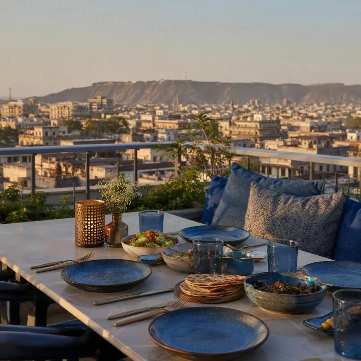 Rooftop table setup with skyline view at Nouba Restaurant and Rooftop Lounge, C-Scheme Jaipur