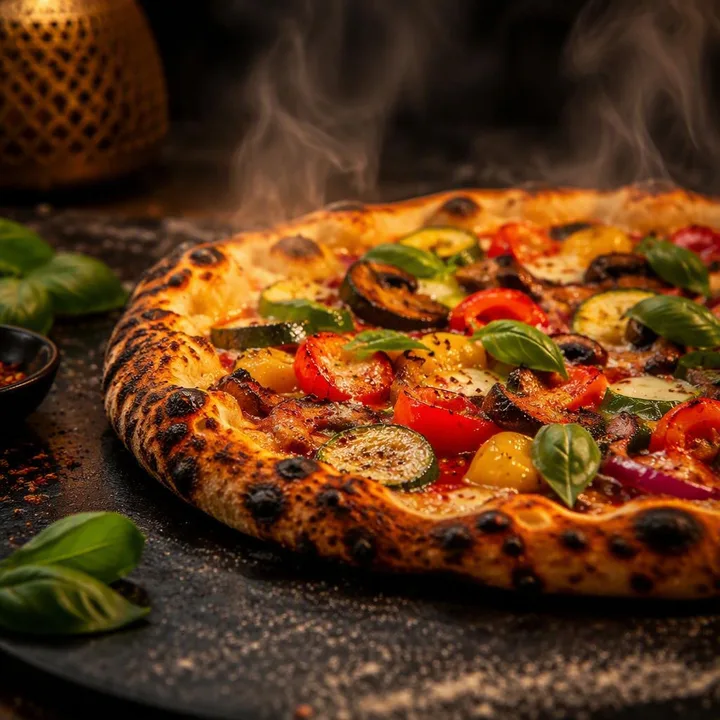 Custom pizza with assorted toppings on wood-fired base at Nouba Restaurant and Rooftop Lounge, C-Scheme Jaipur