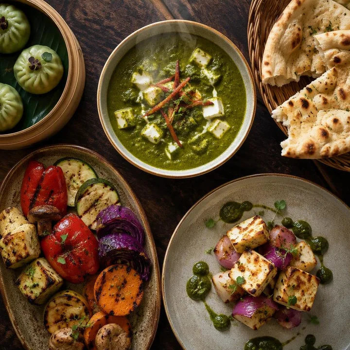 Close-up of green palak gravy in bowl with naan bread and tandoor vegetables at Nouba Restaurant and Rooftop Lounge C-Scheme Jaipur