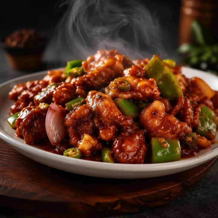 Plate of chilli chicken with peppers and onions at Nouba Restaurant and Rooftop Lounge, C-Scheme Jaipur