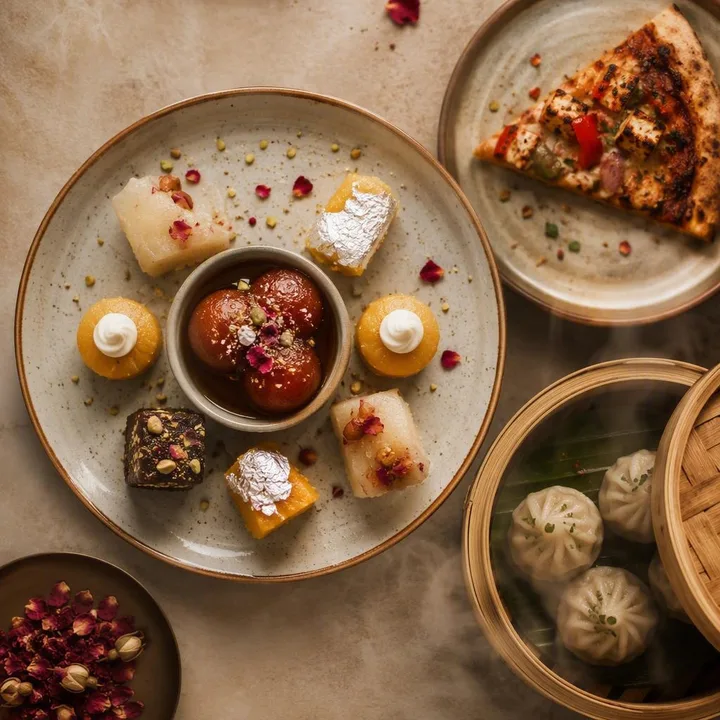 Close-up of dessert plate with savory pairings beside it at Nouba Restaurant and Rooftop Lounge C-Scheme Jaipur