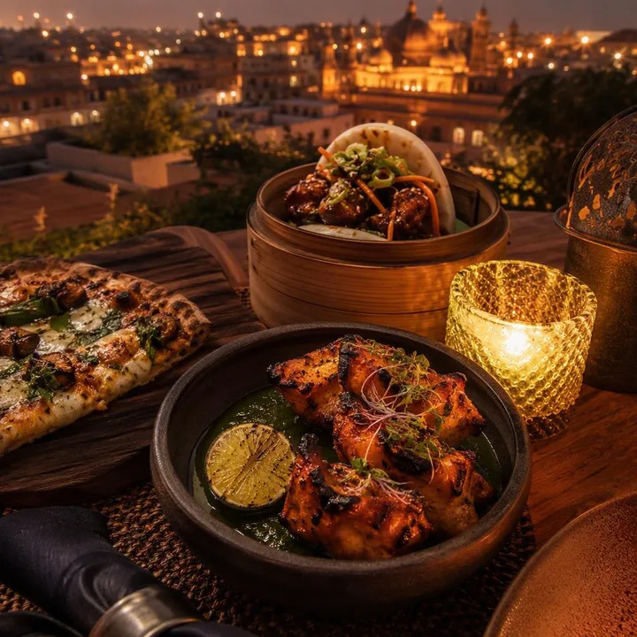 Table set with shared North Indian starter, pizza slice and Pan-Asian dim sum at Nouba Restaurant and Rooftop Lounge, C-Scheme Jaipur
