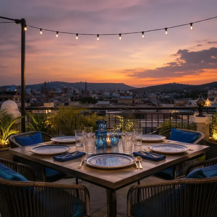 Rooftop table setup with dim lighting and skyline view at Nouba Restaurant and Rooftop Lounge, C-Scheme Jaipur