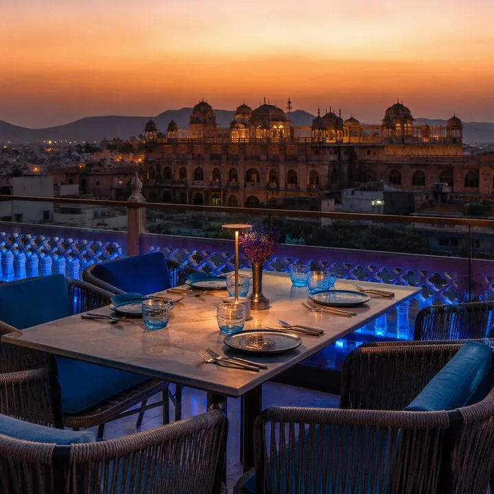 Rooftop table set for family dinner with skyline view at Nouba Restaurant and Rooftop Lounge, C-Scheme Jaipur