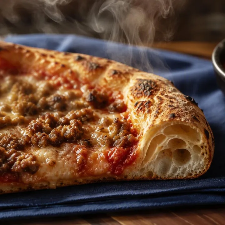 Wood-fired pizza slice with minced meat topping on blue rooftop table at Nouba Restaurant and Rooftop Lounge, C-Scheme Jaipur