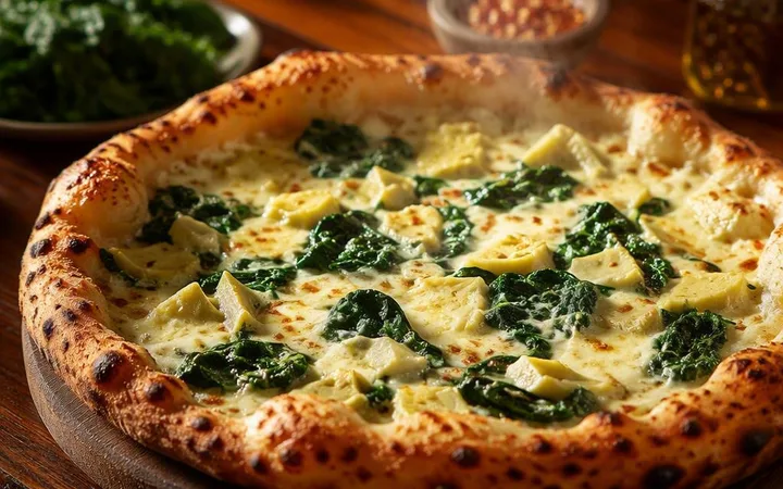 Spinach Artichoke Pizza Sharing for Kids and Elders at Veg Restaurants