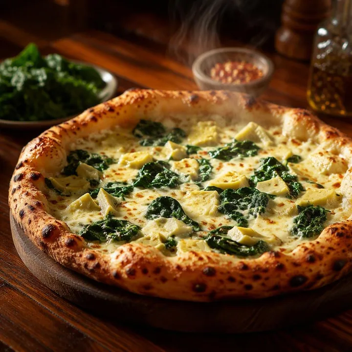Spinach artichoke pizza on wood board with melted cheese at Nouba Restaurant and Rooftop Lounge, C-Scheme Jaipur
