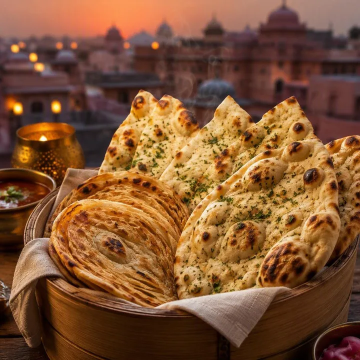 Basket of fresh naan and tandoor breads on a table at Nouba Restaurant and Rooftop Lounge, C-Scheme Jaipur