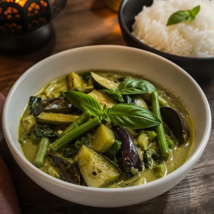 Steaming bowl of green curry with vegetables and rice at Nouba Restaurant and Rooftop Lounge, C-Scheme Jaipur