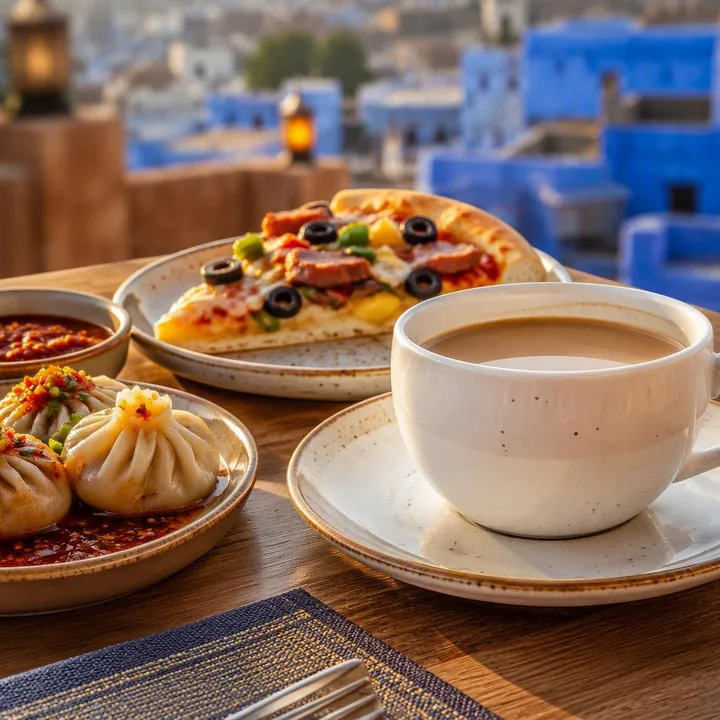Coffee cup with afternoon plates on table at Nouba Restaurant and Rooftop Lounge, C-Scheme Jaipur