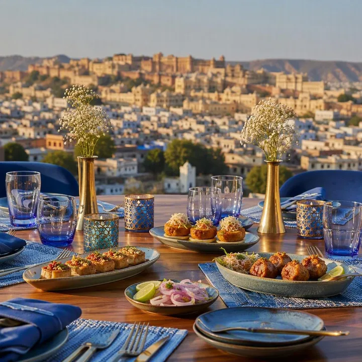 Rooftop table set for family with young children at sunset at Nouba Restaurant and Rooftop Lounge, C-Scheme Jaipur